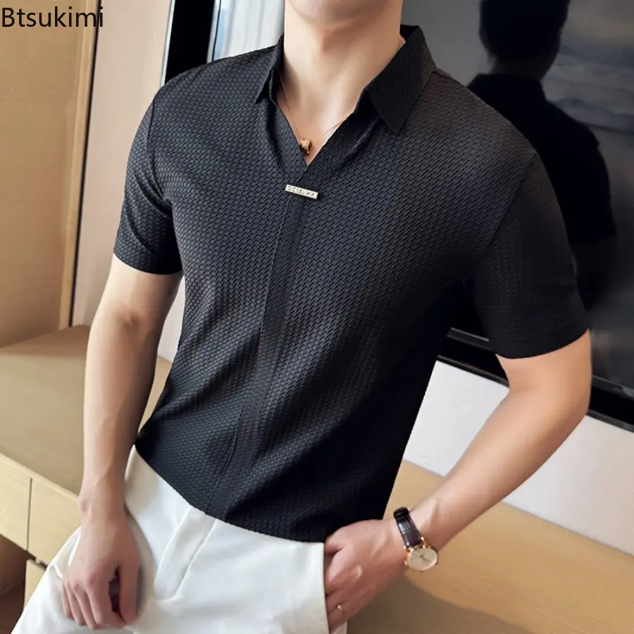 2025 New Men's Summer V-neck Polo Shirts High-end Fashion Slim Fit Casual Short Sleeved Ice Silk Seamless T-shirt Men's Clothing