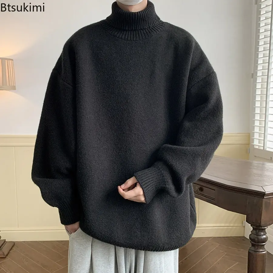 Mens Autumn Winter Loose Casual Turtleneck Sweater  Fashion Knitted Pullovers Men Solid Color Warm Harajuku Knitting Sweaters
