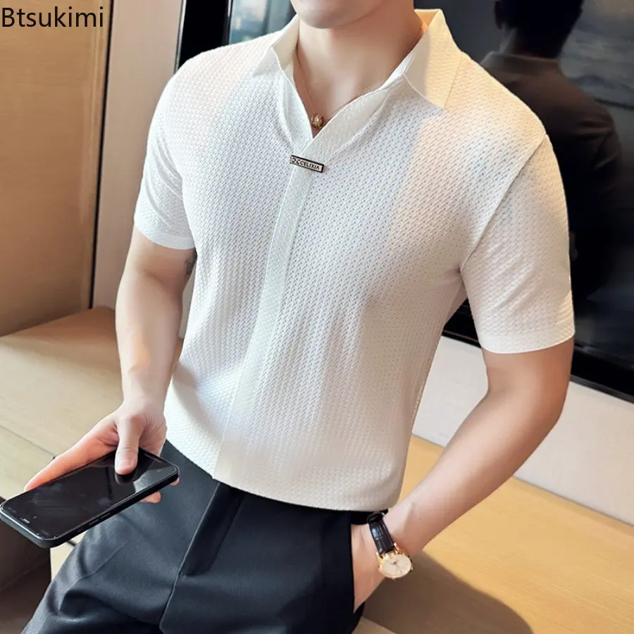 2025 New Men's Summer V-neck Polo Shirts High-end Fashion Slim Fit Casual Short Sleeved Ice Silk Seamless T-shirt Men's Clothing