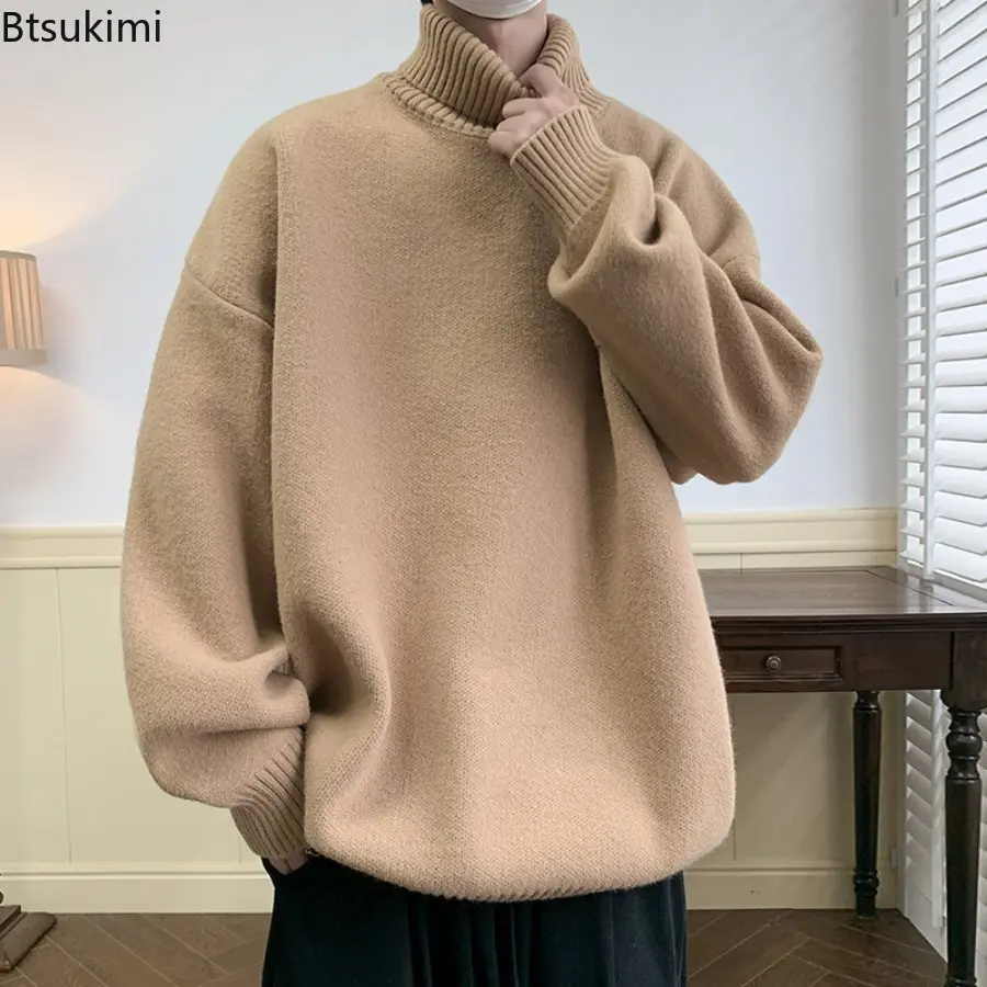 Mens Autumn Winter Loose Casual Turtleneck Sweater  Fashion Knitted Pullovers Men Solid Color Warm Harajuku Knitting Sweaters