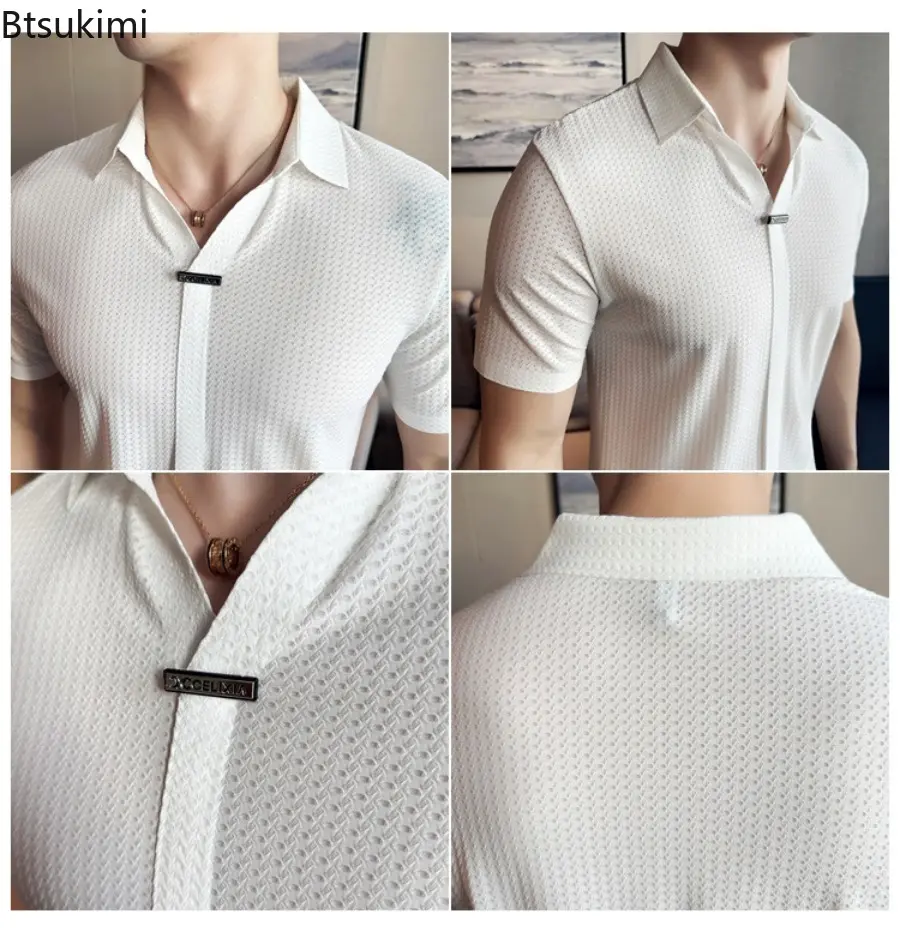 2025 New Men's Summer V-neck Polo Shirts High-end Fashion Slim Fit Casual Short Sleeved Ice Silk Seamless T-shirt Men's Clothing