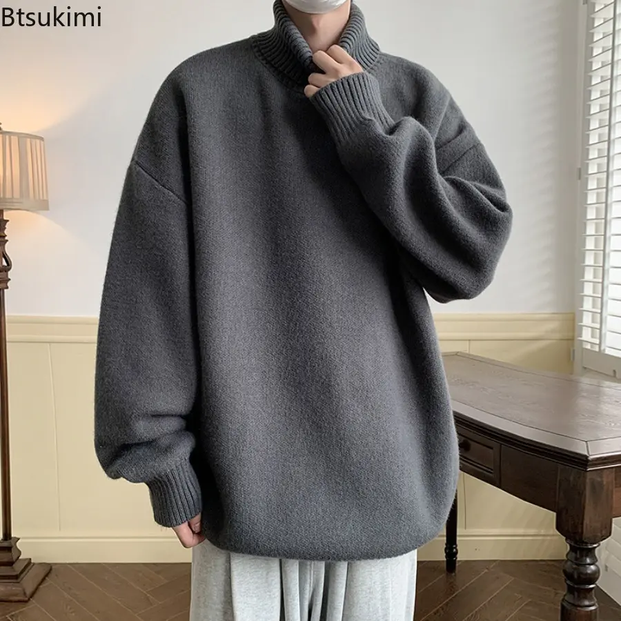 Mens Autumn Winter Loose Casual Turtleneck Sweater  Fashion Knitted Pullovers Men Solid Color Warm Harajuku Knitting Sweaters