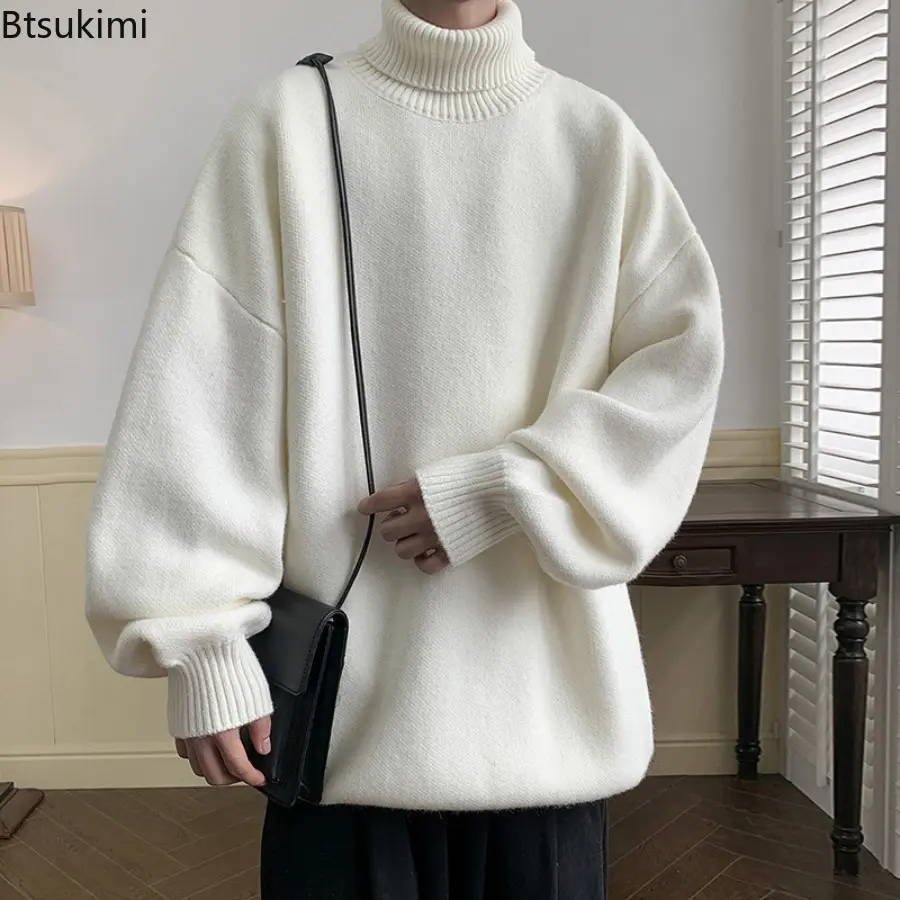 Mens Autumn Winter Loose Casual Turtleneck Sweater  Fashion Knitted Pullovers Men Solid Color Warm Harajuku Knitting Sweaters