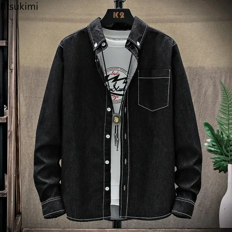 2025 Fashion Denim Shirt Jacket Men's Solid Vintage Long Sleeve Shirt Coats Male Casual Loose High Quality Cotton Cardigan Shirt