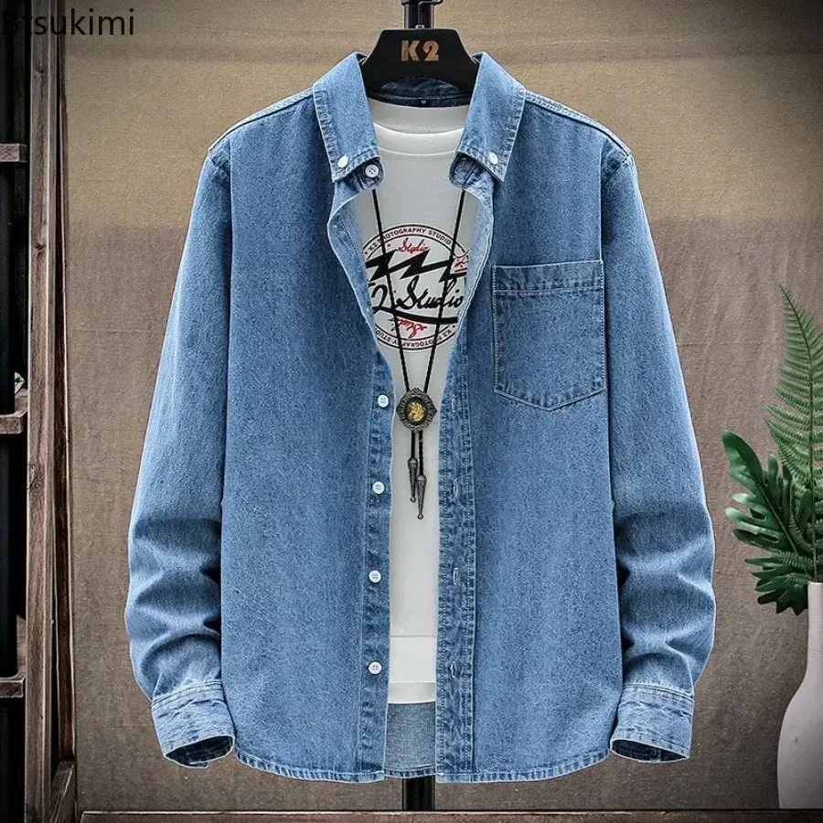 2025 Fashion Denim Shirt Jacket Men's Solid Vintage Long Sleeve Shirt Coats Male Casual Loose High Quality Cotton Cardigan Shirt