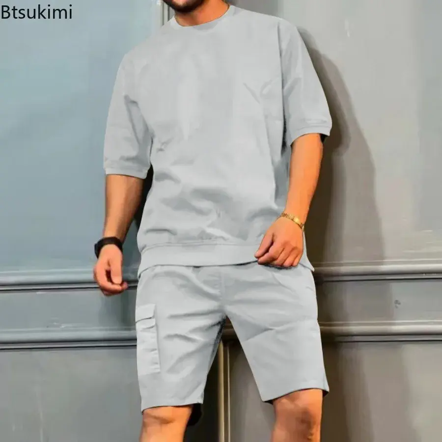 Men's Summer Tracksuits Solid Loose Short Sleeve Tops Multi-pocket Cargo Shorts Two Pieces Fashion Casual Sport Fitness Outfits