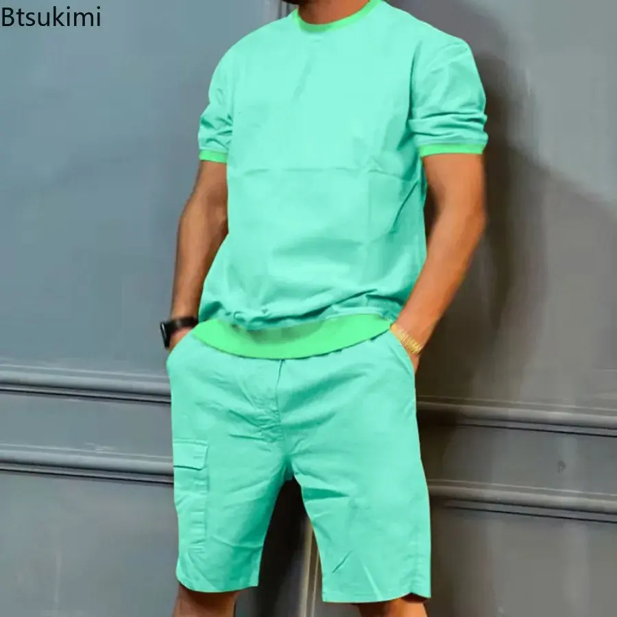 Men's Summer Tracksuits Solid Loose Short Sleeve Tops Multi-pocket Cargo Shorts Two Pieces Fashion Casual Sport Fitness Outfits