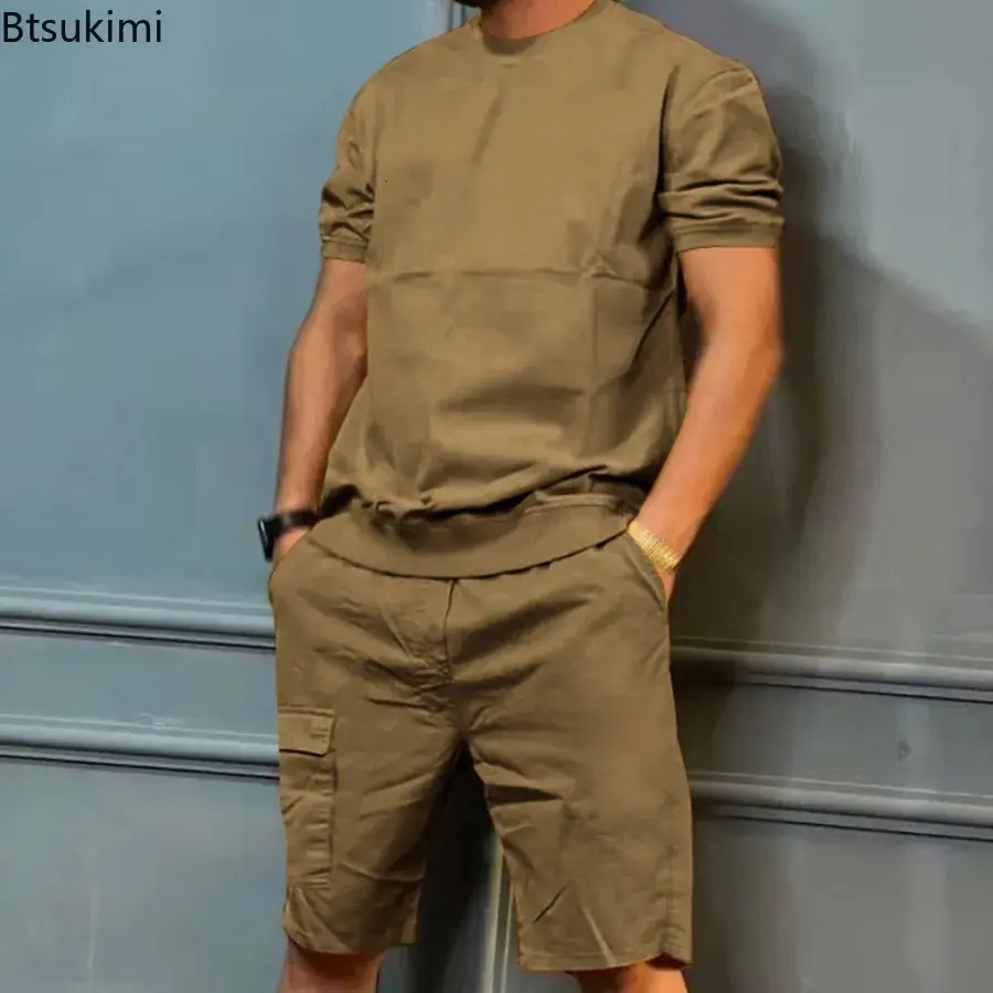 Men's Summer Tracksuits Solid Loose Short Sleeve Tops Multi-pocket Cargo Shorts Two Pieces Fashion Casual Sport Fitness Outfits