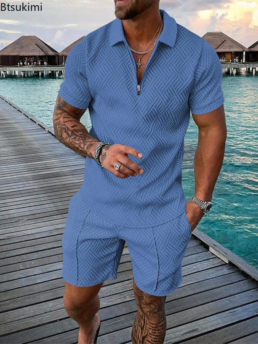 Summer Fashion Casual Two Piece Sets Men's Solid Printting Half Zipper Polo Shirt and Shorts Suit Men Sports Short-sleeved Suit