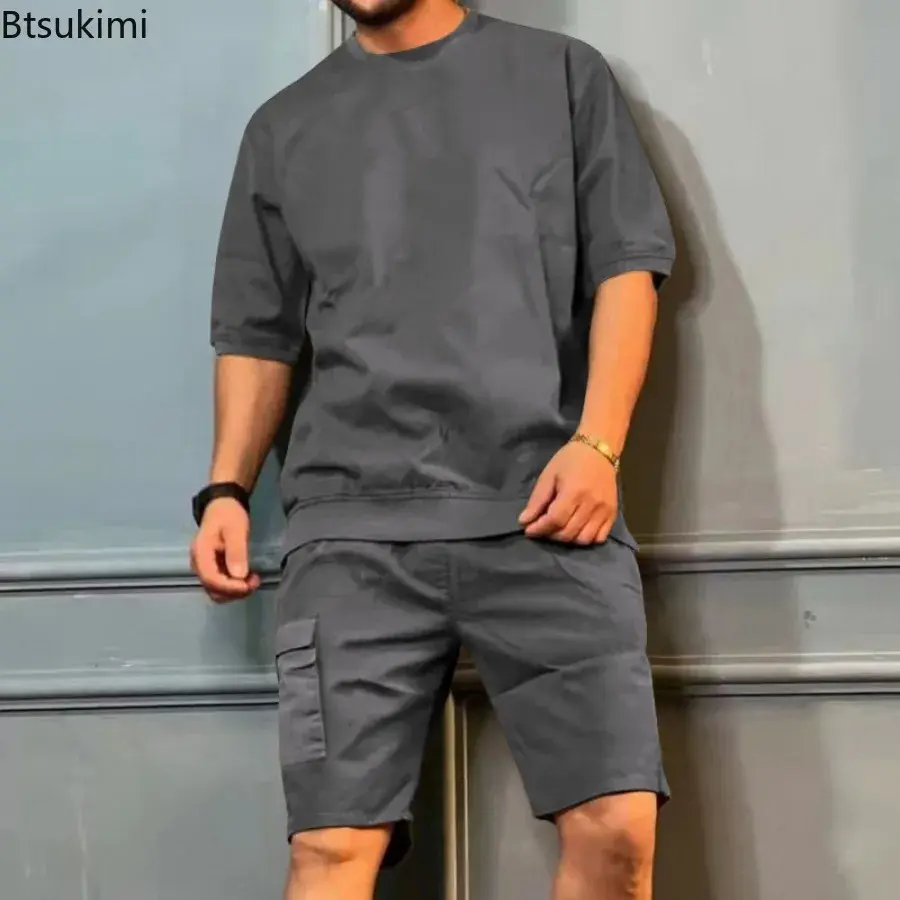 Men's Summer Tracksuits Solid Loose Short Sleeve Tops Multi-pocket Cargo Shorts Two Pieces Fashion Casual Sport Fitness Outfits