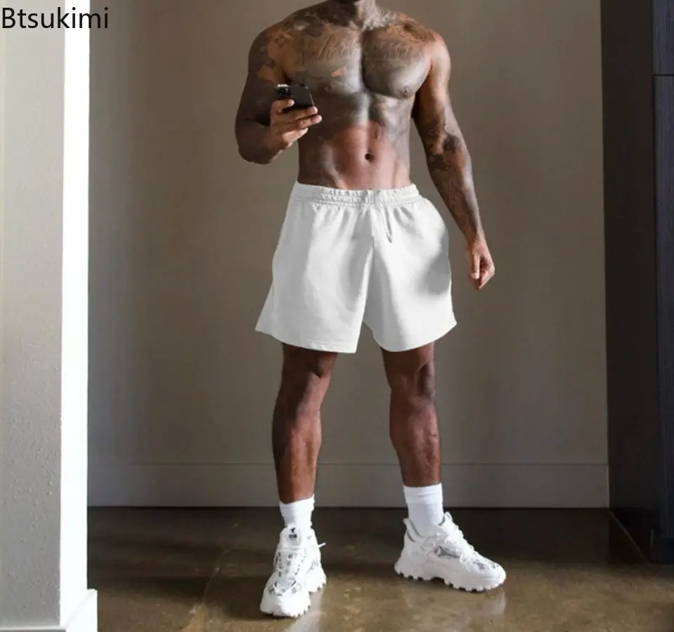 New 2025 Summer Men's Terry Sports Quarter Pants Solid Color Fitness Training Runing Short Fashion Trend Casual Versatile Shorts