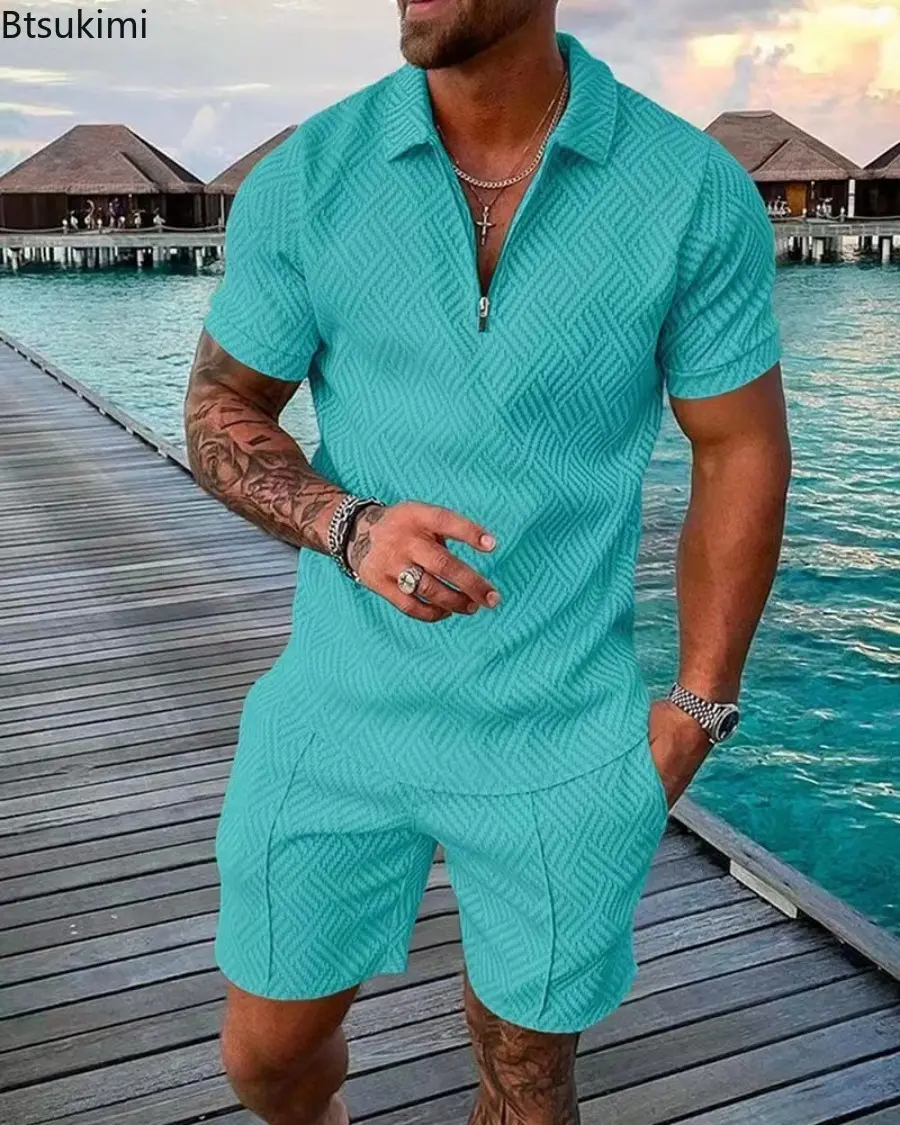 Summer Fashion Casual Two Piece Sets Men's Solid Printting Half Zipper Polo Shirt and Shorts Suit Men Sports Short-sleeved Suit