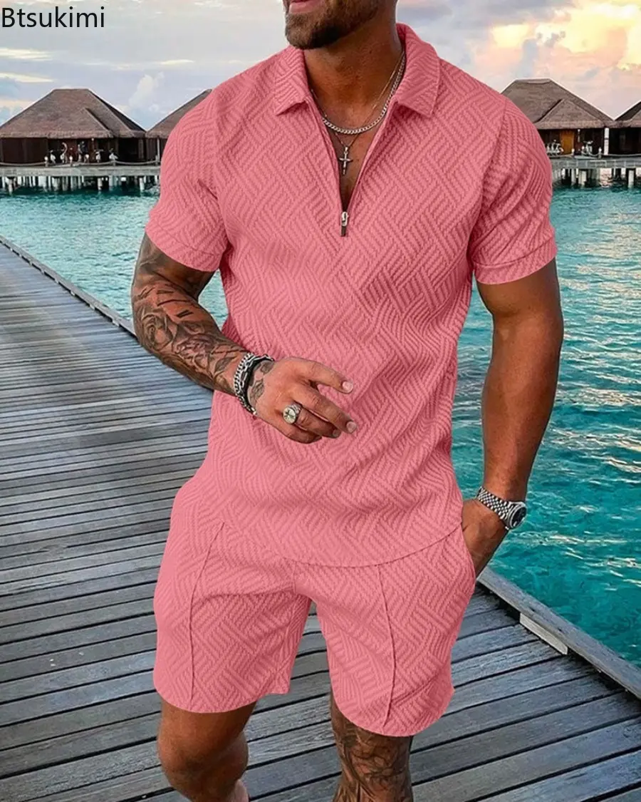 Summer Fashion Casual Two Piece Sets Men's Solid Printting Half Zipper Polo Shirt and Shorts Suit Men Sports Short-sleeved Suit