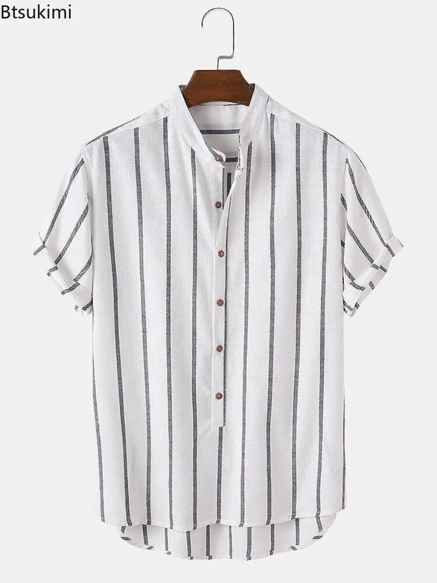 Fashion New Men's Simple Casual Shirts Summer Short-sleeves Striped Stand Collar Pullovers Tops Men Loose Daily Versatile Blouse