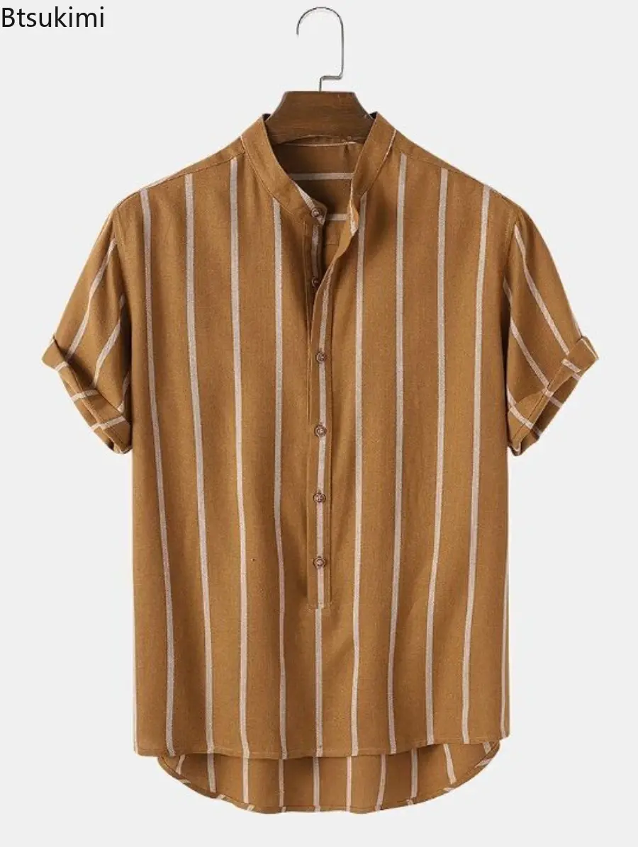 Fashion New Men's Simple Casual Shirts Summer Short-sleeves Striped Stand Collar Pullovers Tops Men Loose Daily Versatile Blouse