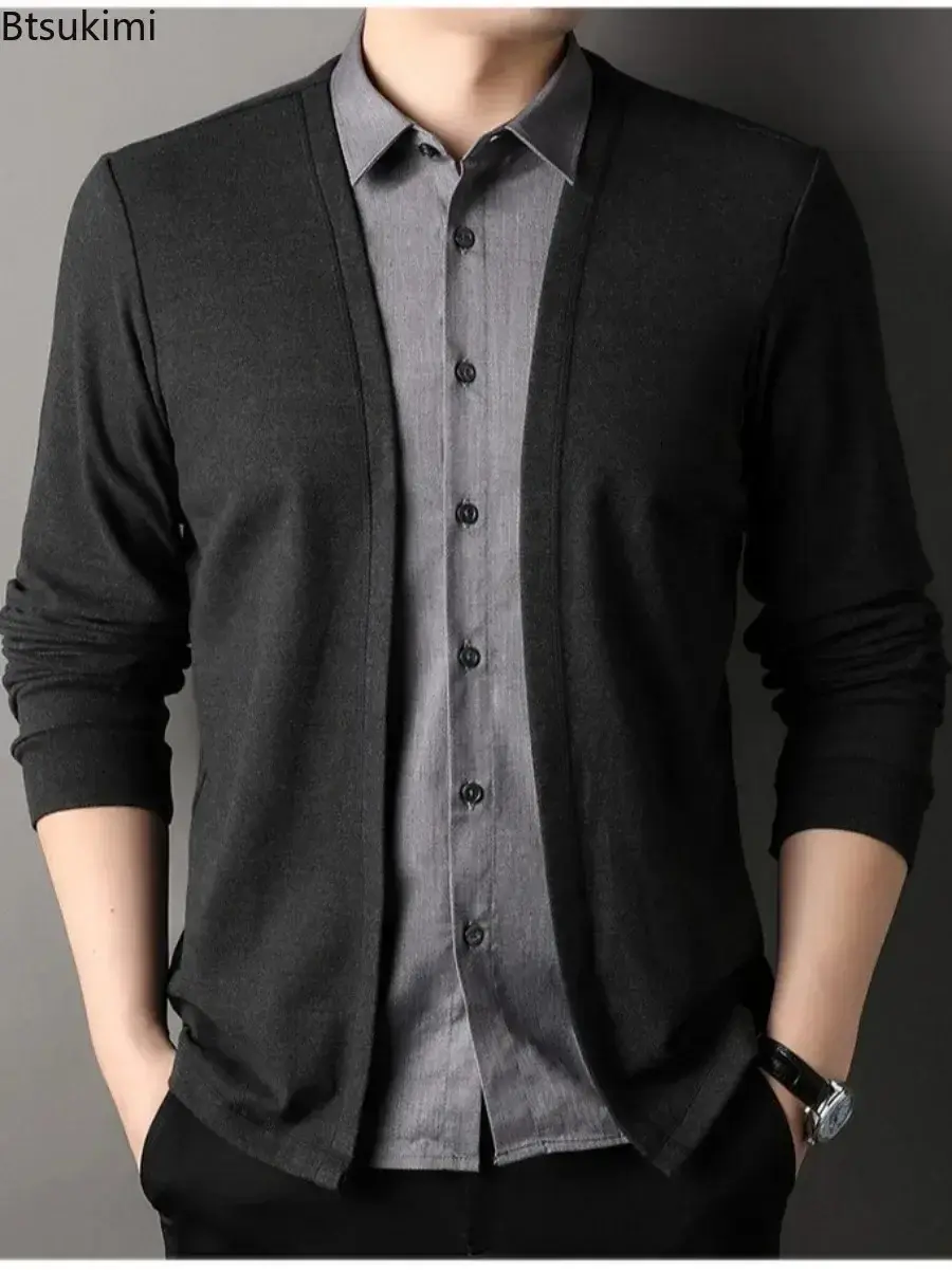 2025 Spring New Men's Lapel Long Sleeve Shirt Fashion High Street Fake Two Piece Shirt Sweater Cardigan Man Business Casual Tops