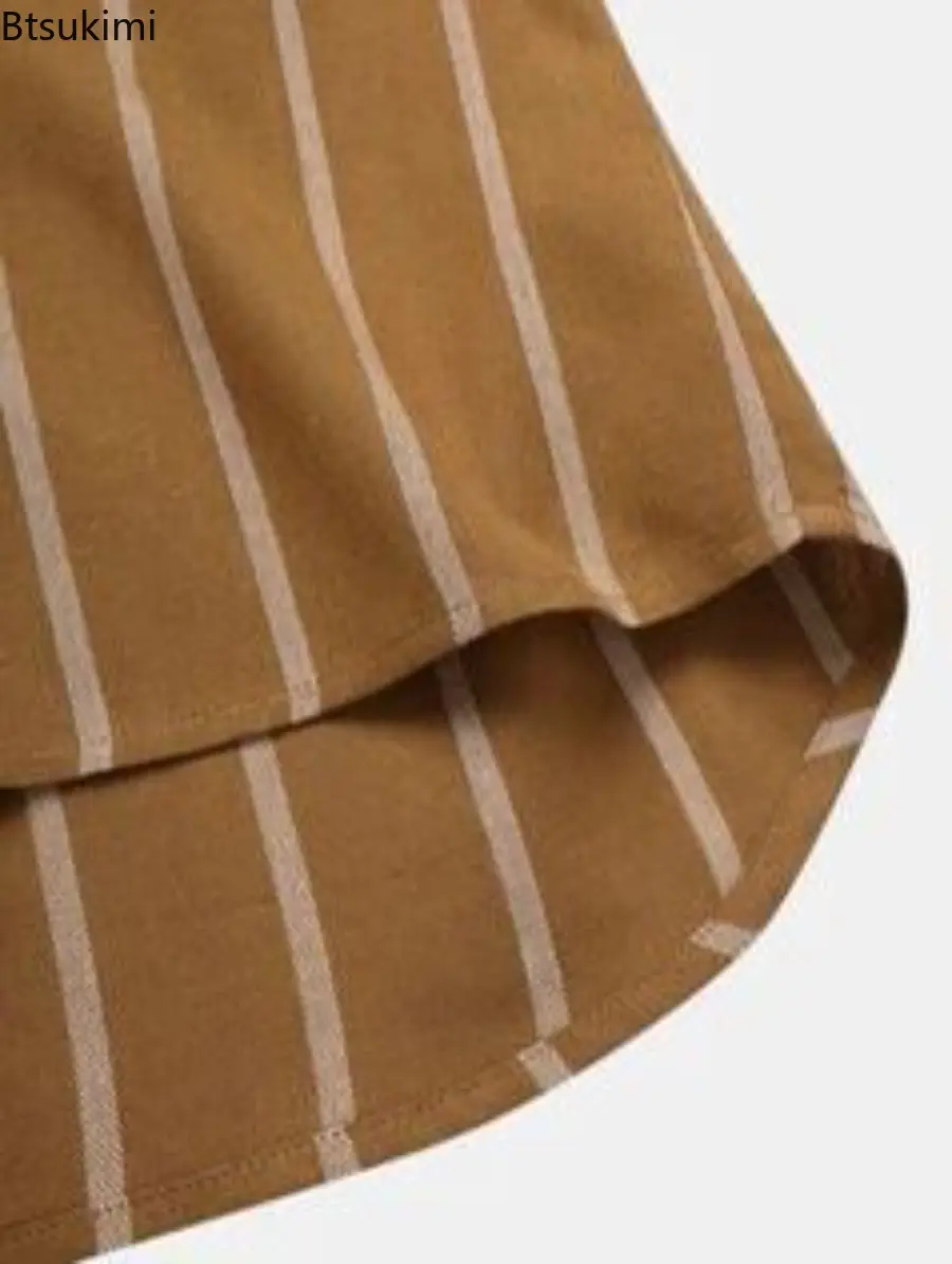 Fashion New Men's Simple Casual Shirts Summer Short-sleeves Striped Stand Collar Pullovers Tops Men Loose Daily Versatile Blouse
