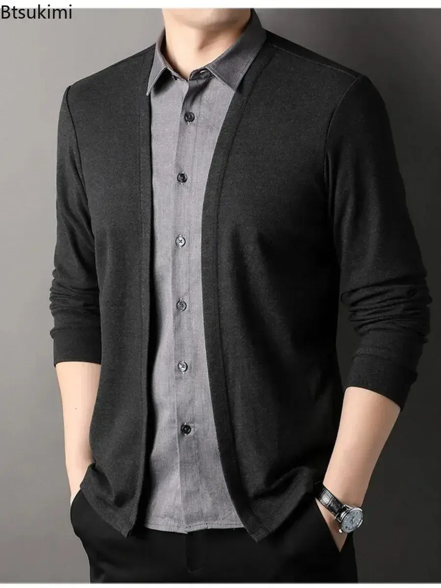 2025 Spring New Men's Lapel Long Sleeve Shirt Fashion High Street Fake Two Piece Shirt Sweater Cardigan Man Business Casual Tops