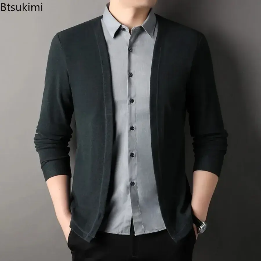 2025 Spring New Men's Lapel Long Sleeve Shirt Fashion High Street Fake Two Piece Shirt Sweater Cardigan Man Business Casual Tops