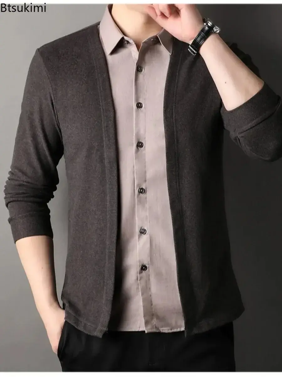 2025 Spring New Men's Lapel Long Sleeve Shirt Fashion High Street Fake Two Piece Shirt Sweater Cardigan Man Business Casual Tops