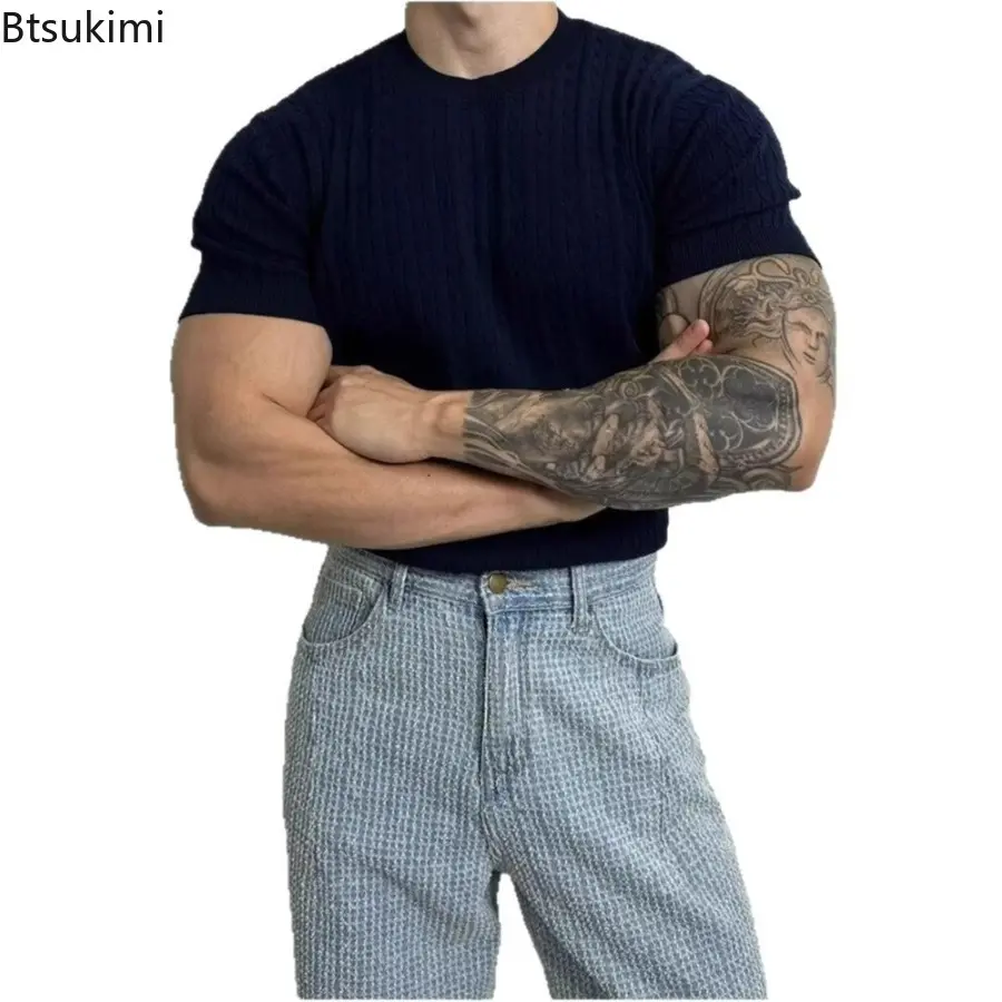 2025 Summer Solid color Thin Twist Pattern  Short Sleeve Crew Neck Knitted Sweater Mens Loose Trend Versatile Elastic T-shirt