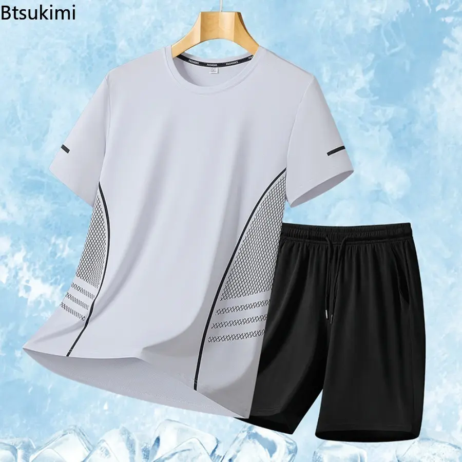 Men's Sports Two-piece Summer Ice Silk Short Sleeve T-shirt Quick Dry Mesh Sports Fitness Top Fashion Casual T-shirt Shorts Set