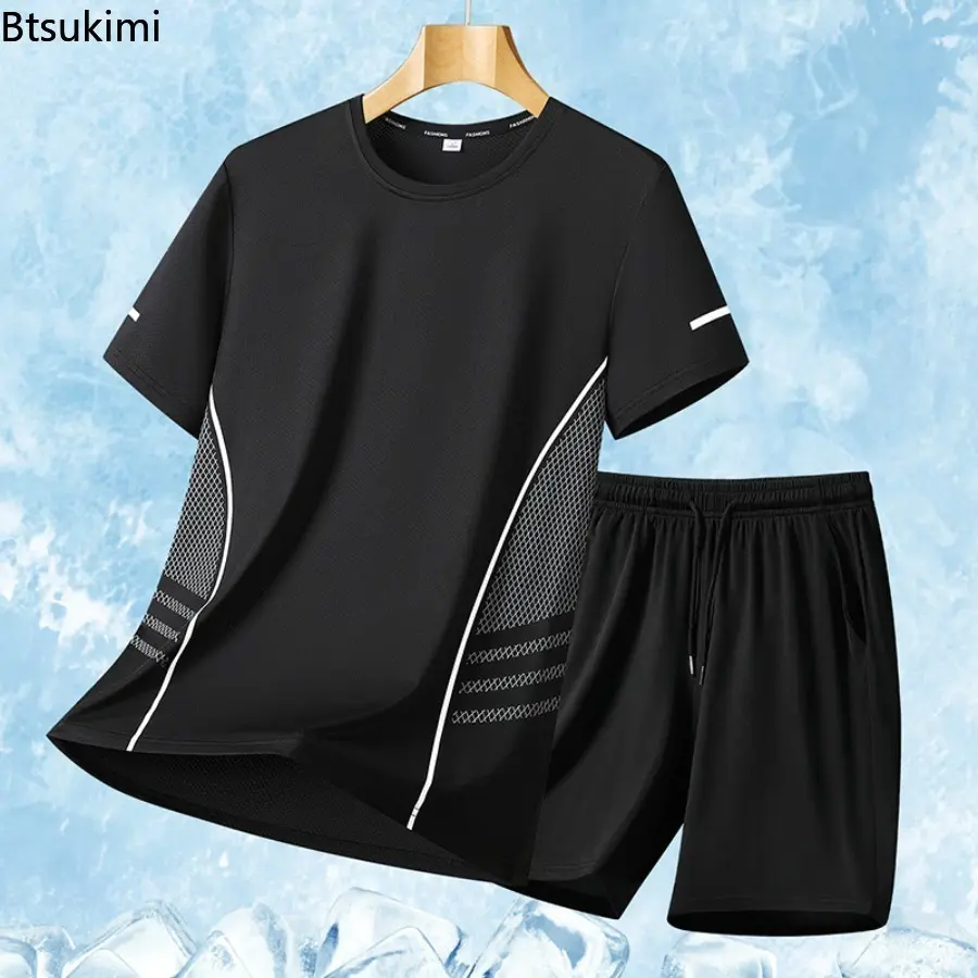 Men's Sports Two-piece Summer Ice Silk Short Sleeve T-shirt Quick Dry Mesh Sports Fitness Top Fashion Casual T-shirt Shorts Set