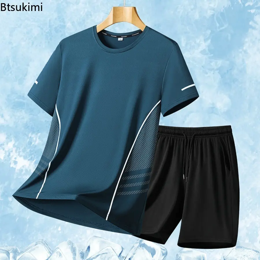 Men's Sports Two-piece Summer Ice Silk Short Sleeve T-shirt Quick Dry Mesh Sports Fitness Top Fashion Casual T-shirt Shorts Set