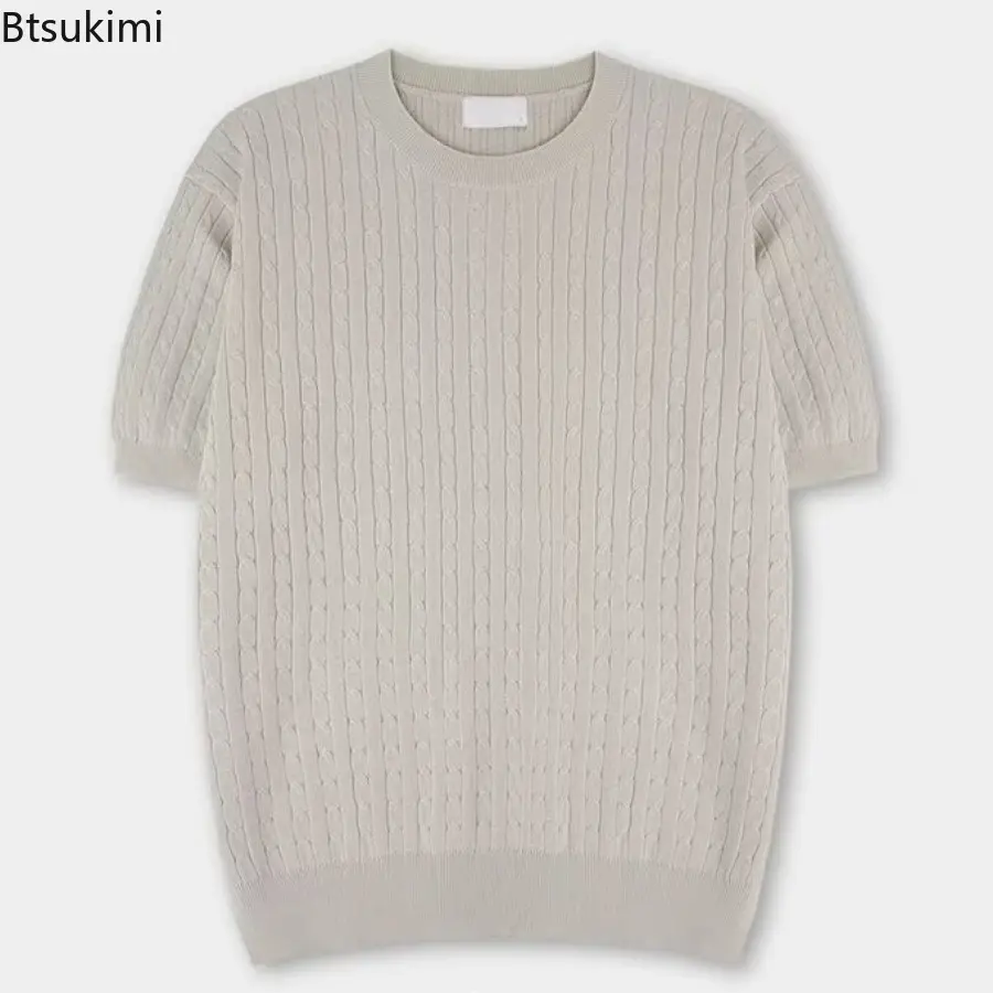 2025 Summer Solid color Thin Twist Pattern  Short Sleeve Crew Neck Knitted Sweater Mens Loose Trend Versatile Elastic T-shirt