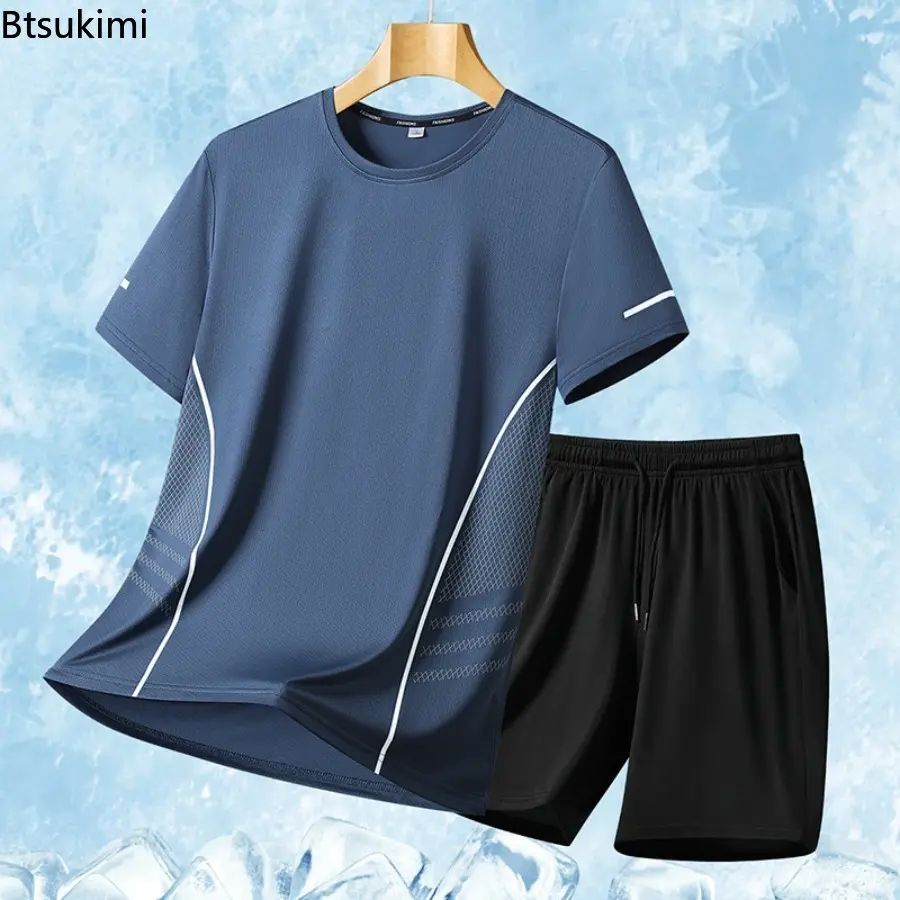 Men's Sports Two-piece Summer Ice Silk Short Sleeve T-shirt Quick Dry Mesh Sports Fitness Top Fashion Casual T-shirt Shorts Set
