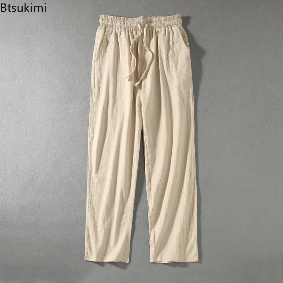 2025 Men's Loose Casual Pants Breathable Cotton Linen Straight Pants Solid Simple Drawstring Trouser Men Sweatpants Big Size 9XL