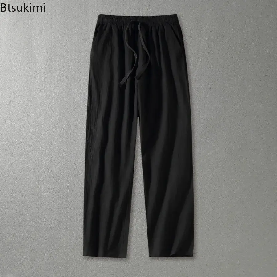 2025 Men's Loose Casual Pants Breathable Cotton Linen Straight Pants Solid Simple Drawstring Trouser Men Sweatpants Big Size 9XL