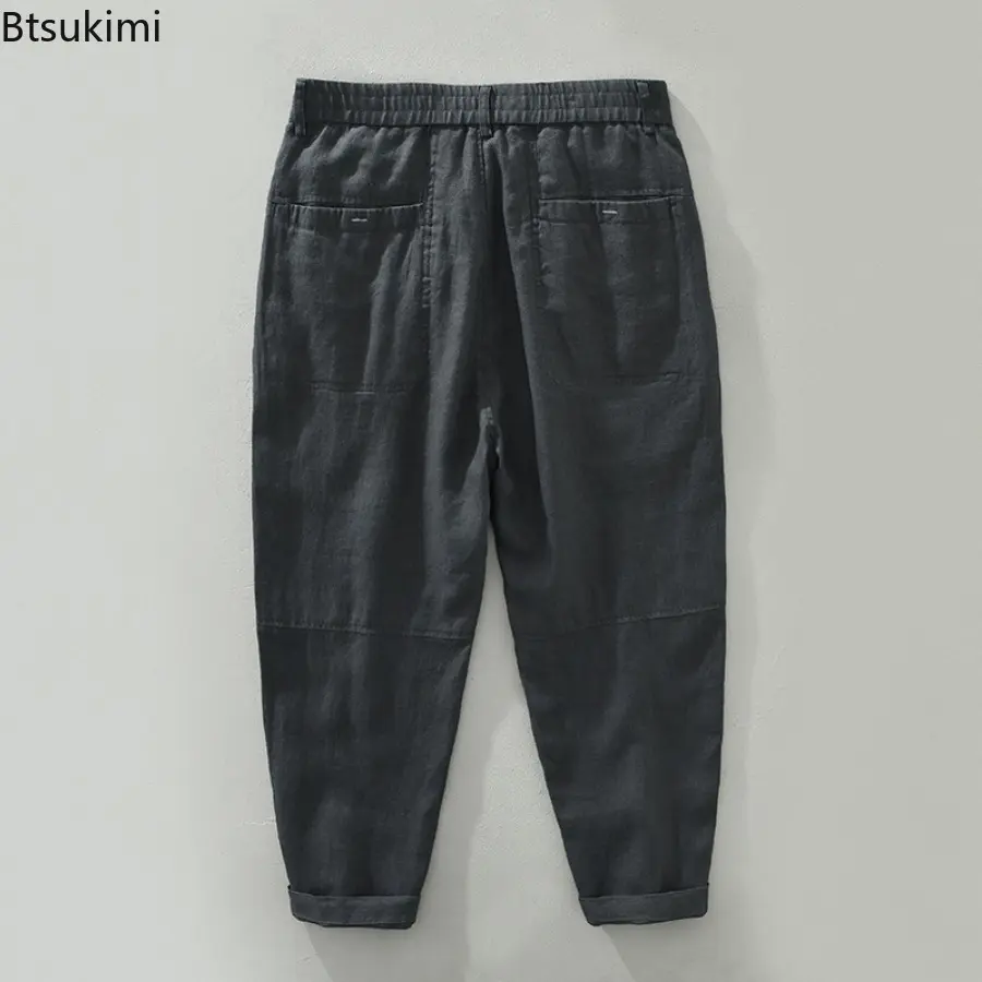 Fashion New Men's Breathable 100% Linen Pants Japanese Style Vintage Elastic Waist Classic Solid Pants Men Simple Casual Trouser
