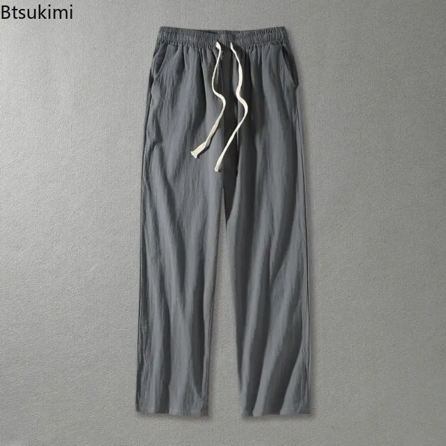 2025 Men's Loose Casual Pants Breathable Cotton Linen Straight Pants Solid Simple Drawstring Trouser Men Sweatpants Big Size 9XL