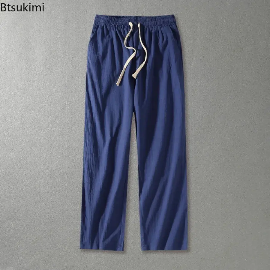 2025 Men's Loose Casual Pants Breathable Cotton Linen Straight Pants Solid Simple Drawstring Trouser Men Sweatpants Big Size 9XL