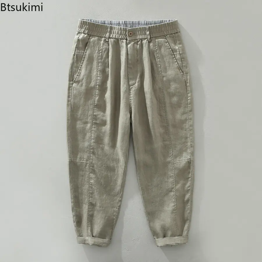 Fashion New Men's Breathable 100% Linen Pants Japanese Style Vintage Elastic Waist Classic Solid Pants Men Simple Casual Trouser