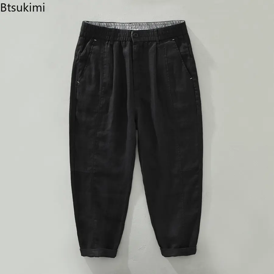 Fashion New Men's Breathable 100% Linen Pants Japanese Style Vintage Elastic Waist Classic Solid Pants Men Simple Casual Trouser