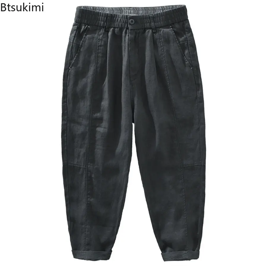 Fashion New Men's Breathable 100% Linen Pants Japanese Style Vintage Elastic Waist Classic Solid Pants Men Simple Casual Trouser