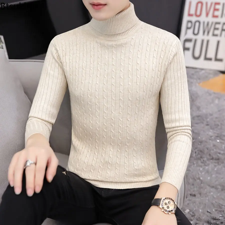 New Men's Turtleneck Sweater Male Version Casual All-match Long Sleeved Stripes Knitted Sweater Pullover Slim Knit Base Shirt