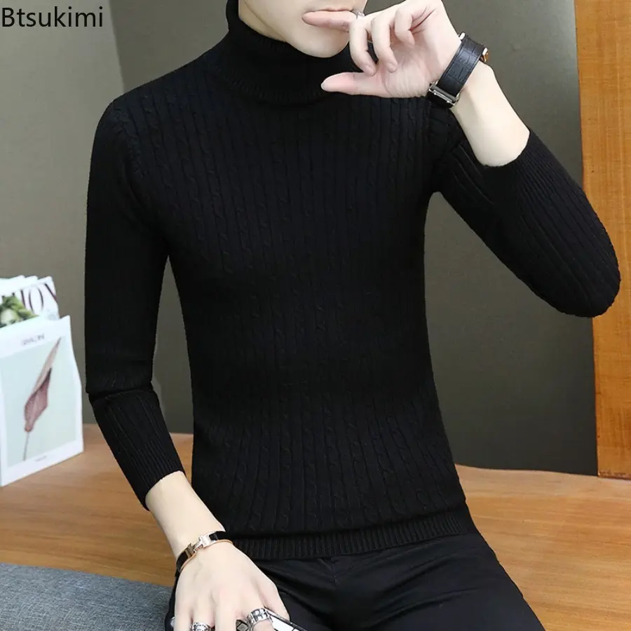 New Men's Turtleneck Sweater Male Version Casual All-match Long Sleeved Stripes Knitted Sweater Pullover Slim Knit Base Shirt