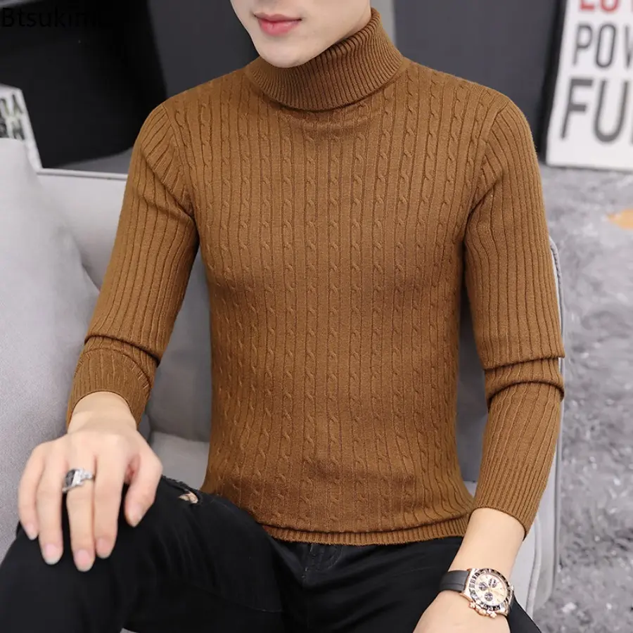 New Men's Turtleneck Sweater Male Version Casual All-match Long Sleeved Stripes Knitted Sweater Pullover Slim Knit Base Shirt