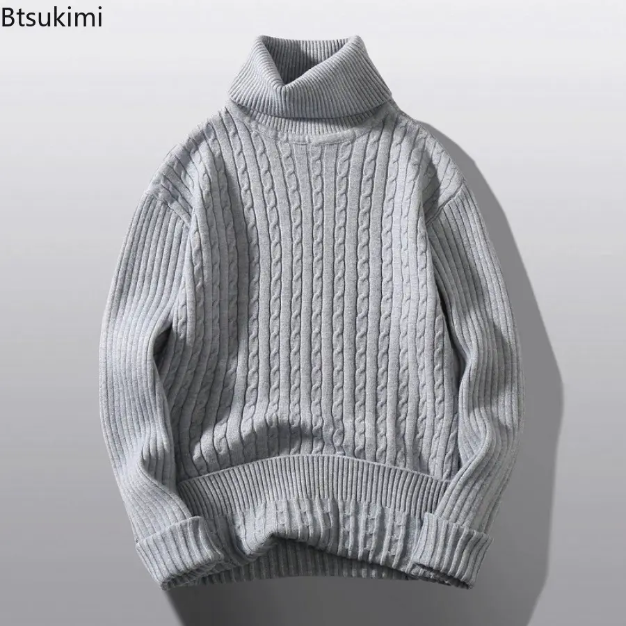 New Men's Turtleneck Sweater Male Version Casual All-match Long Sleeved Stripes Knitted Sweater Pullover Slim Knit Base Shirt