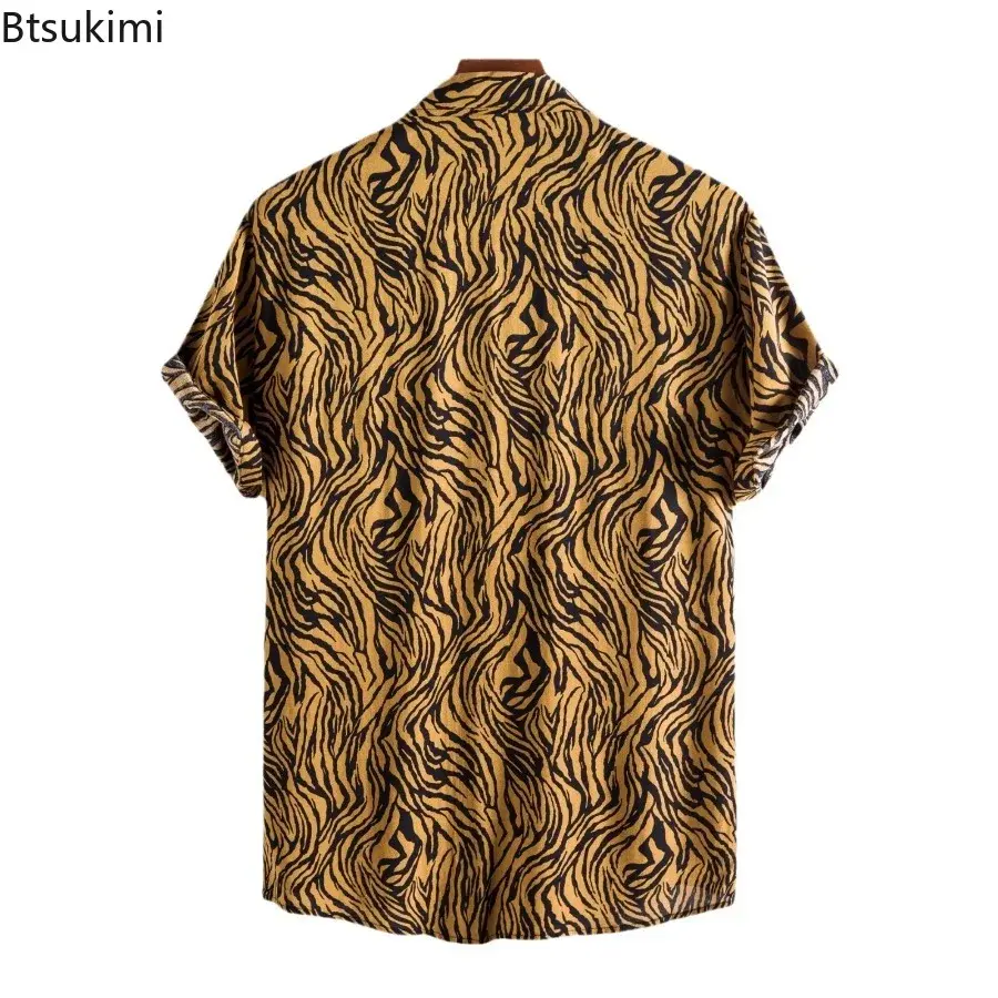 2025 Men's Casual Short Sleeve Shirt Tops Fashion Harajuku Hawaiian Beach Blouses Personality Print Button Lapel Holiday Shirts