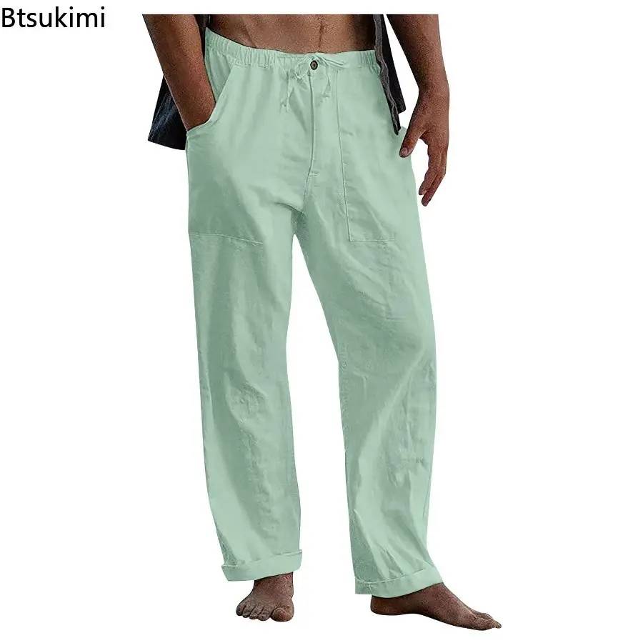 Fashion New Summer Breathable Cotton Linen Beach Pants for Men Loose Casual Straight Leg Pants Men's Outdoor Sport Joggers Pants