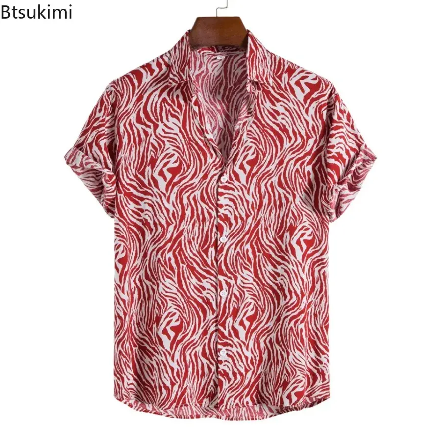 2025 Men's Casual Short Sleeve Shirt Tops Fashion Harajuku Hawaiian Beach Blouses Personality Print Button Lapel Holiday Shirts