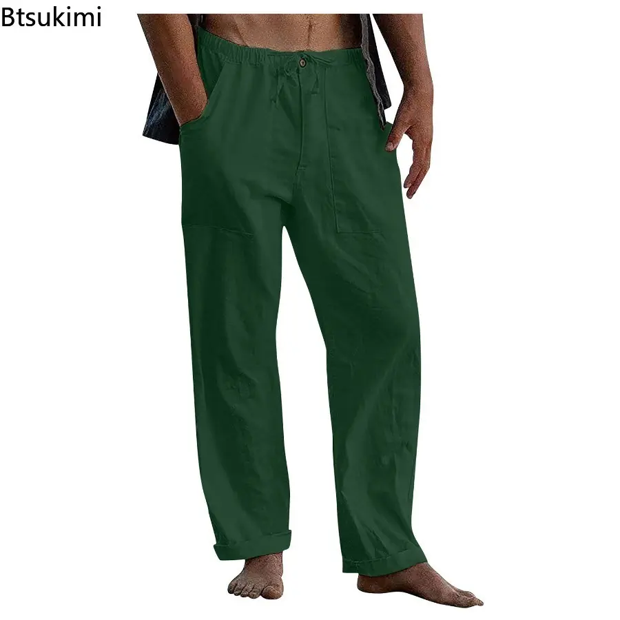 Fashion New Summer Breathable Cotton Linen Beach Pants for Men Loose Casual Straight Leg Pants Men's Outdoor Sport Joggers Pants