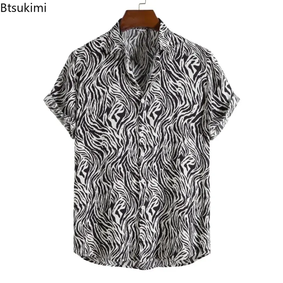 2025 Men's Casual Short Sleeve Shirt Tops Fashion Harajuku Hawaiian Beach Blouses Personality Print Button Lapel Holiday Shirts