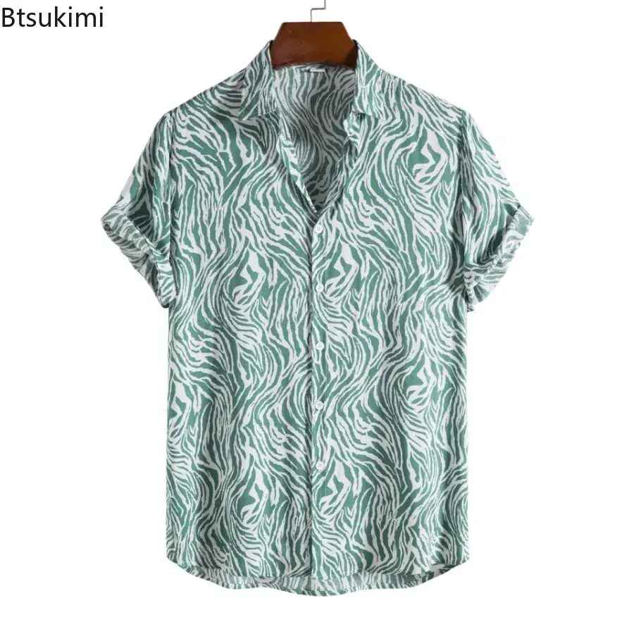 2025 Men's Casual Short Sleeve Shirt Tops Fashion Harajuku Hawaiian Beach Blouses Personality Print Button Lapel Holiday Shirts