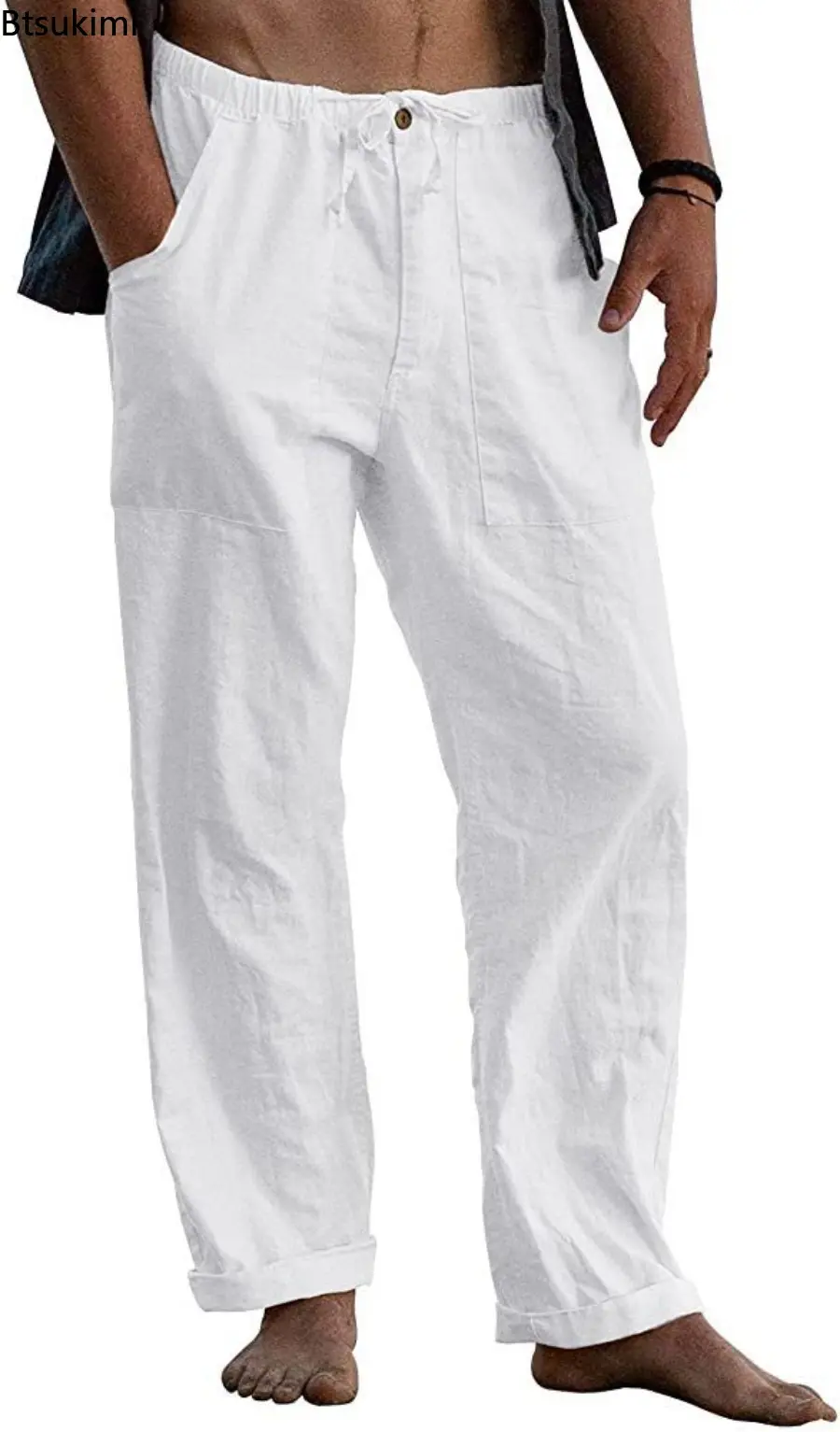 Fashion New Summer Breathable Cotton Linen Beach Pants for Men Loose Casual Straight Leg Pants Men's Outdoor Sport Joggers Pants