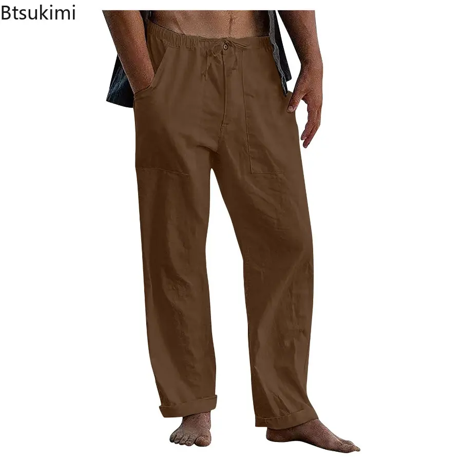 Fashion New Summer Breathable Cotton Linen Beach Pants for Men Loose Casual Straight Leg Pants Men's Outdoor Sport Joggers Pants